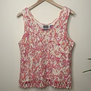 Sigrid Olsen Pink White Silk Lined Hand Knit Woven Beaded V Neck Camisole Top L